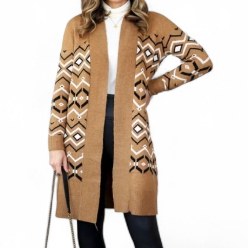 Loft Geometric Long Sleeve Tan Open Front Cardigan Sweater